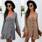 V-neck Flounce Flared Sleeve Button Knitted Dress Casual Dresses
