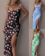 Women's Summer Camisole Clinch Floral Print Slit Cheongsam Dress Floral Dresses
