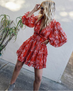 Printed V-neck Backless Long Sleeves Wooden Ear Sexy Chiffon Dress Beach Floral Dresses