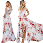 Women Dress Bohemian V-neck Print Chiffon Big Hem Floral Dresses
