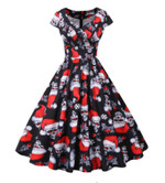 Retro Hepburn Style V-neck Short Sleeve Large Swing Dress Christmas Printed Floral Dresses