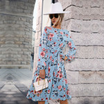 Women's Mid-length Round Neck Pleated Blue Printed Dress Floral Dresses