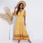 Nuoxi Summer Women's V-neck Fashion Printed High Waist Big Swing Dress Floral Dresses