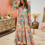 Summer Women's Sexy V-neck Long Sleeve Printed Large Swing Dress Floral Dresses