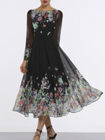 Dress Sexy Cutout Slim Fit Large Swing Long Sleeve Printed Midi Skirt Floral Dresses