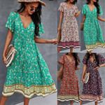 Design Printed Dress V-neck Short Sleeve Bohemian Style Floral Dresses