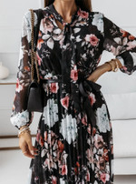 Elegant Chiffon Long-sleeved Printed Pleated Dress With Belt Floral Dresses
