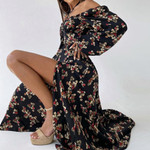 Women's Fashion Trend Floral-print Off-shoulder Long Sleeve Slit Dress Floral Dresses