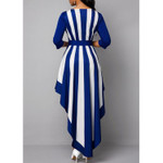 Round Neck Striped Printed High Waist 3/4 Sleeve Irregular Dress Women's Floral Dresses