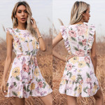 Summer Printed Round Neck Lace Patchwork Ruffled Flying Sleeves Dress Floral Dresses