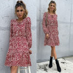 Autumn Print Round Neck Long Sleeve Lace-up Inner Wear Base Dress For Women Floral Dresses