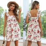 Summer Chiffon Printed Short Ruffled Spaghetti Straps Dress With Lining Floral Dresses