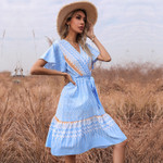 Summer V-neck Printed Slim Fit Tied Fresh Short Sleeves Dress French Style Women's Floral Dresses