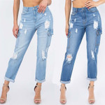 Women 's Jeans Autumn Washed High Waist Overalls Ripped Trousers