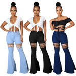 Women's Solid Color Leisure Washed-out Bandage Denim Bell-bottom Pants Jeans