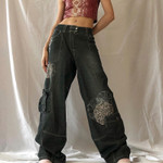 Autumn Retro Hipster Pocket Print Contrast Color Loose Mid Waist Jeans Wide Leg Pants Trousers