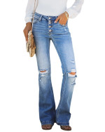 Slightly Flared Jeans Hipster Ripped Denim Trousers For Women