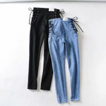 Zipper Jeans Women's High Waist Cross Tether On Both Sides Elastic Skinny Hip Raise Pants