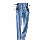 Zipper Jeans Women's High Waist Cross Tether On Both Sides Elastic Skinny Hip Raise Pants