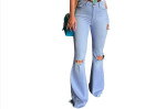 Women's Solid Color Ripped Washed Flared Jeans