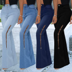 Women's Fashion Metal Decorative Ring Denim Trousers Jeans