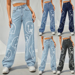 Autumn Casual Wide-leg Pants Women's High Waist Washed Printed Denim Trousers Women Jeans