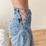 Sexy High Waist Jeans Iron Chain Hollow Out Straight-leg Denim Trousers For Women