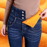 High Waist Veet Padded Jeans Women's Thick Denim Trousers Breasted Outer Wear Warm Leggings