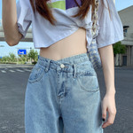 Hyun-ah Jeans Women's High Waist Slimming Sense Of Design Cross Straight Wide Leg Pants Loose Drooping Mop