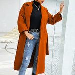 Women's Clothing Lace-up Turn-down Collar Overcoat Solid Color Mid-length Woolen Coats