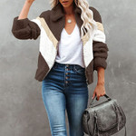 Winter Women's Clothing Turtleneck Patchwork Striped Pocket Zipper Plush Coat Sweater Fleece-lined