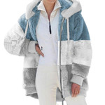 Warm Plush Patchwork Zipper Pocket Hooded Loose Coat Women