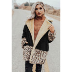Fashionable Warm Lapel Plush Color Contrast Patchwork Leopard Print Coat Top Female Fashion
