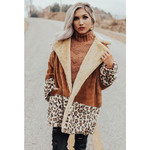 Fashionable Warm Lapel Plush Color Contrast Patchwork Leopard Print Coat Top Female Fashion