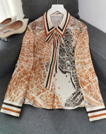 Lapel Bow Long Sleeve Positioning Printing Bottoming Top Fashionable All-match Shirt Blouses