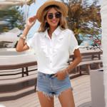 Short-sleeved Shirt Women's Solid Color Breasted Ruffle Top Women Blouses