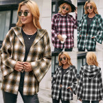 Casual Hooded Cardigan Checked Shirt Loose Plaid Trench Coat Top Women Blouses