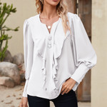Women's Autumn Ruffled Single-breasted Long Sleeve Solid Color Blouse