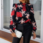 Printed Shirt Women's Stand-up Collar Tie Top Long Sleeve Blouses