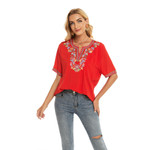 Women's Embroidered Loose V-neck Short-sleeved Shirt Ethnic T-shirt Blouses