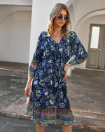 Autumn Women Clothing Rayon Printed Bohemian Dress Long Sleeve V-neck Lace-up A- Line