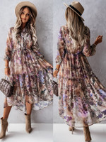 Bohemian Long Sleeve V-neck Lace-up Floral Print Dress Large Swing