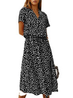 Bohemian Dotted Prints Short Sleeve Button Drawstring V-neck Holiday Dress