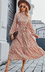 Women's Long Sleeve Bohemian Dress Turtleneck Floral Midi