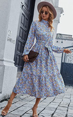 Women's Long Sleeve Bohemian Dress Turtleneck Floral Midi