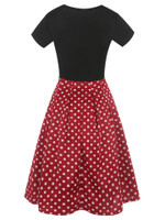 Short Sleeve Stitching Round-neck High Waist Printed Large Swing Pocket Polka Dot Puffy Long Dress