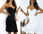 Spring Sexy Black And White Strap Button Beach Dress Hollow