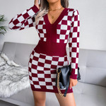 Women's V-neck Chessboard Plaid Sheath Skirt Knitted Dress
