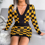 Women's V-neck Chessboard Plaid Sheath Skirt Knitted Dress