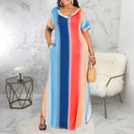 Independent Summer Color Stripes Positioning Printed Short Sleeve Plus Size Dress